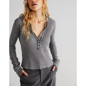 Free People Gray Waffle Henley Long Sleeve Top